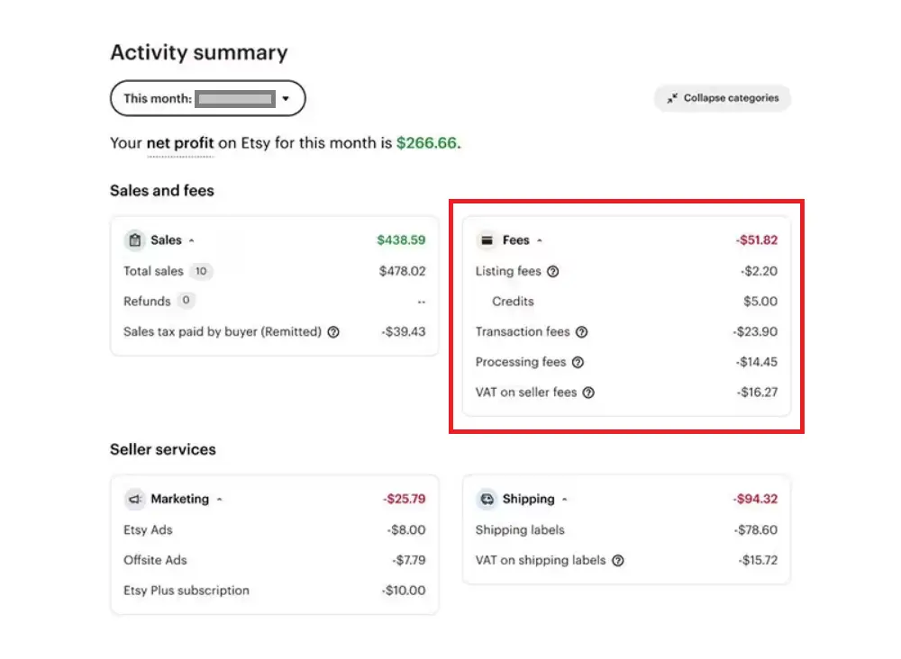 a screenshot of a user's Etsy transaction history, highlighting the transaction fee. Add a caption explaining the 6.5% transaction fee and its calculation based on the total order amount.