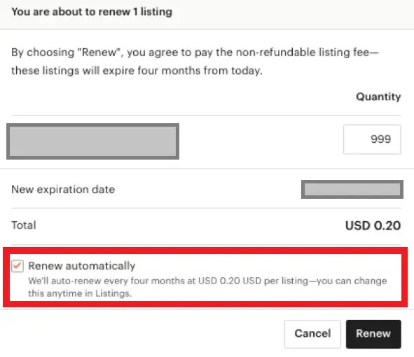 a screenshot of the Etsy listing renewal window, focusing on the "Renew automatically" checkbox. Add a caption that explains automatic listing renewals and the $0.20 USD renewal fee.