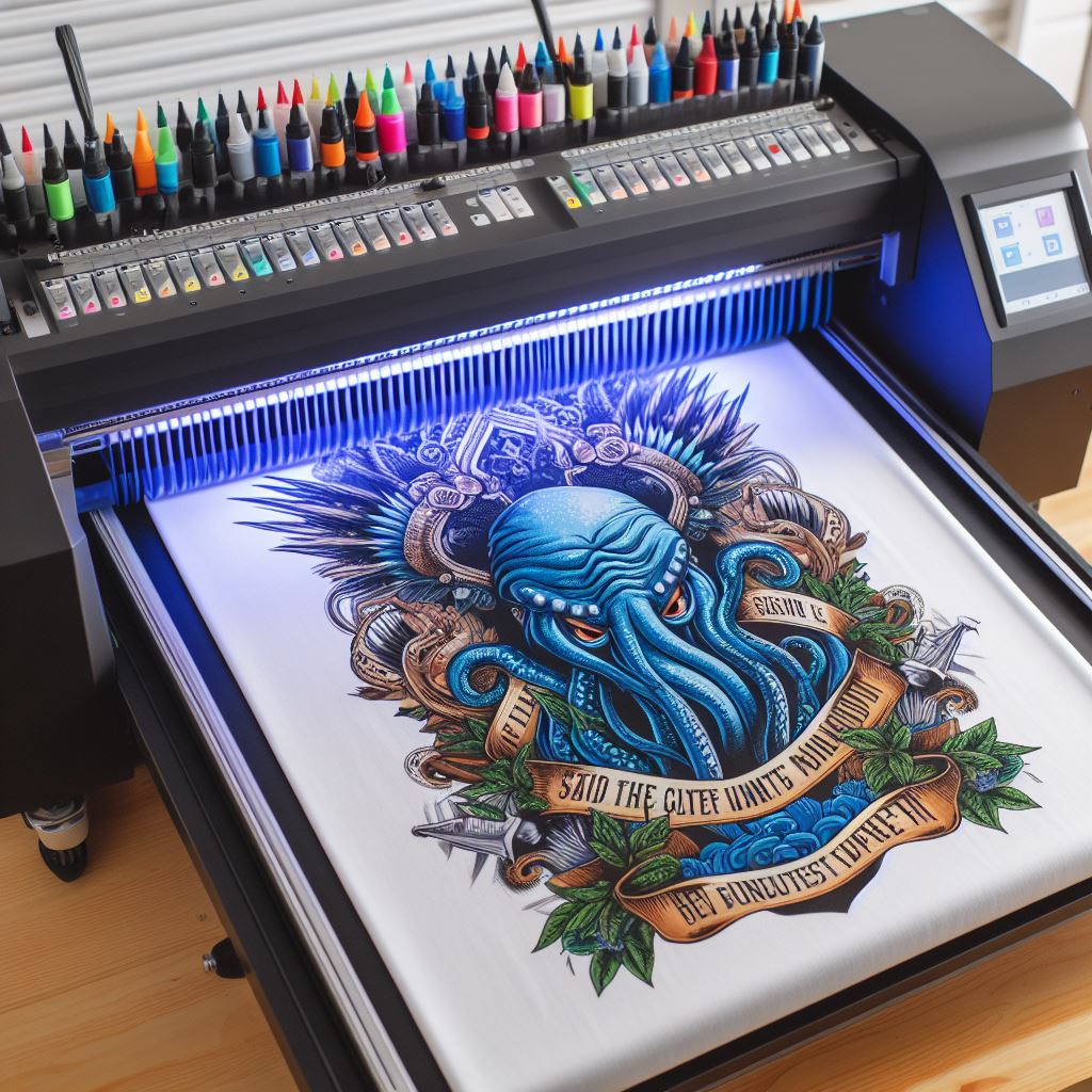 A DTG printer uses specialized inks to print designs directly onto garments.