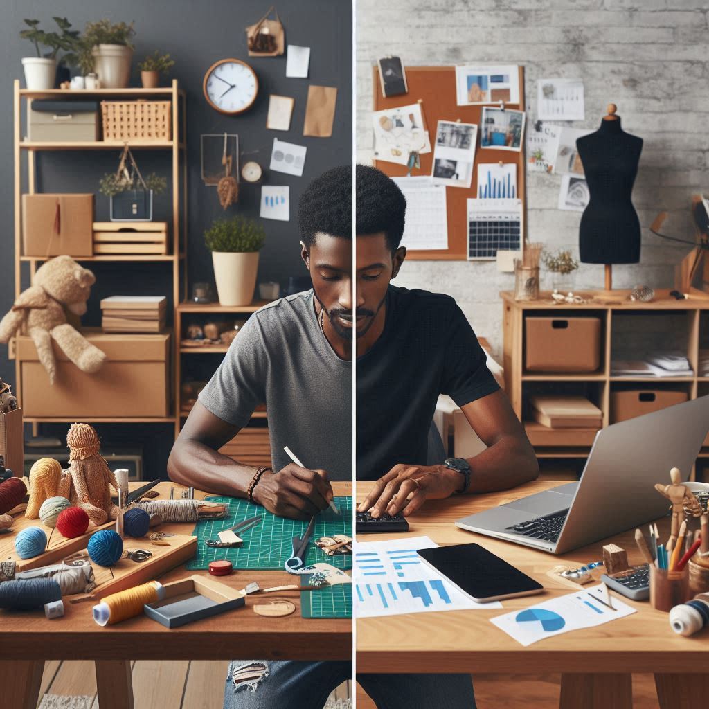 A split image contrasting a casual hobby setup with a professional business workspace. The hobby side could depict someone crafting at their kitchen table, while the business side shows an organized office space with inventory, shipping supplies, and accounting software.