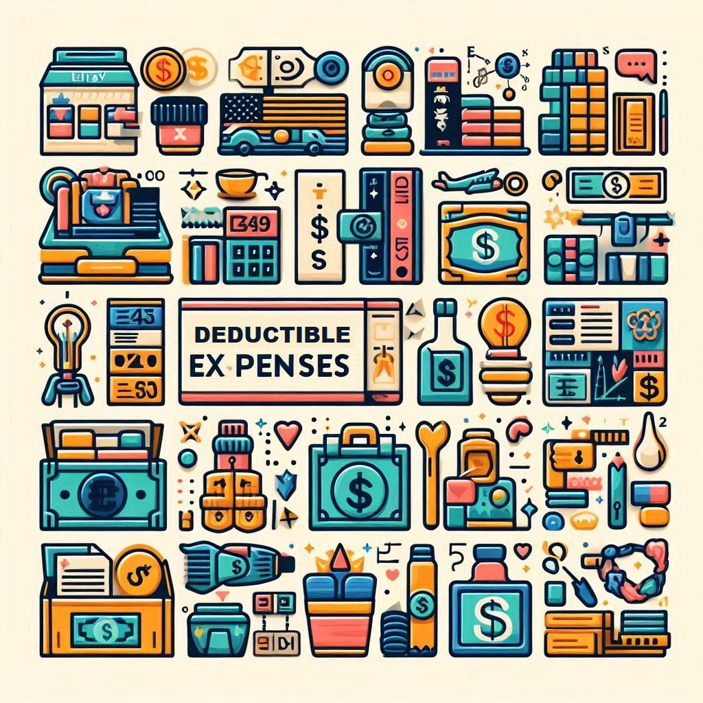 A visually appealing illustration or collage showcasing common deductible expenses for Etsy sellers, with icons representing each category (supplies, shipping, marketing, etc.).