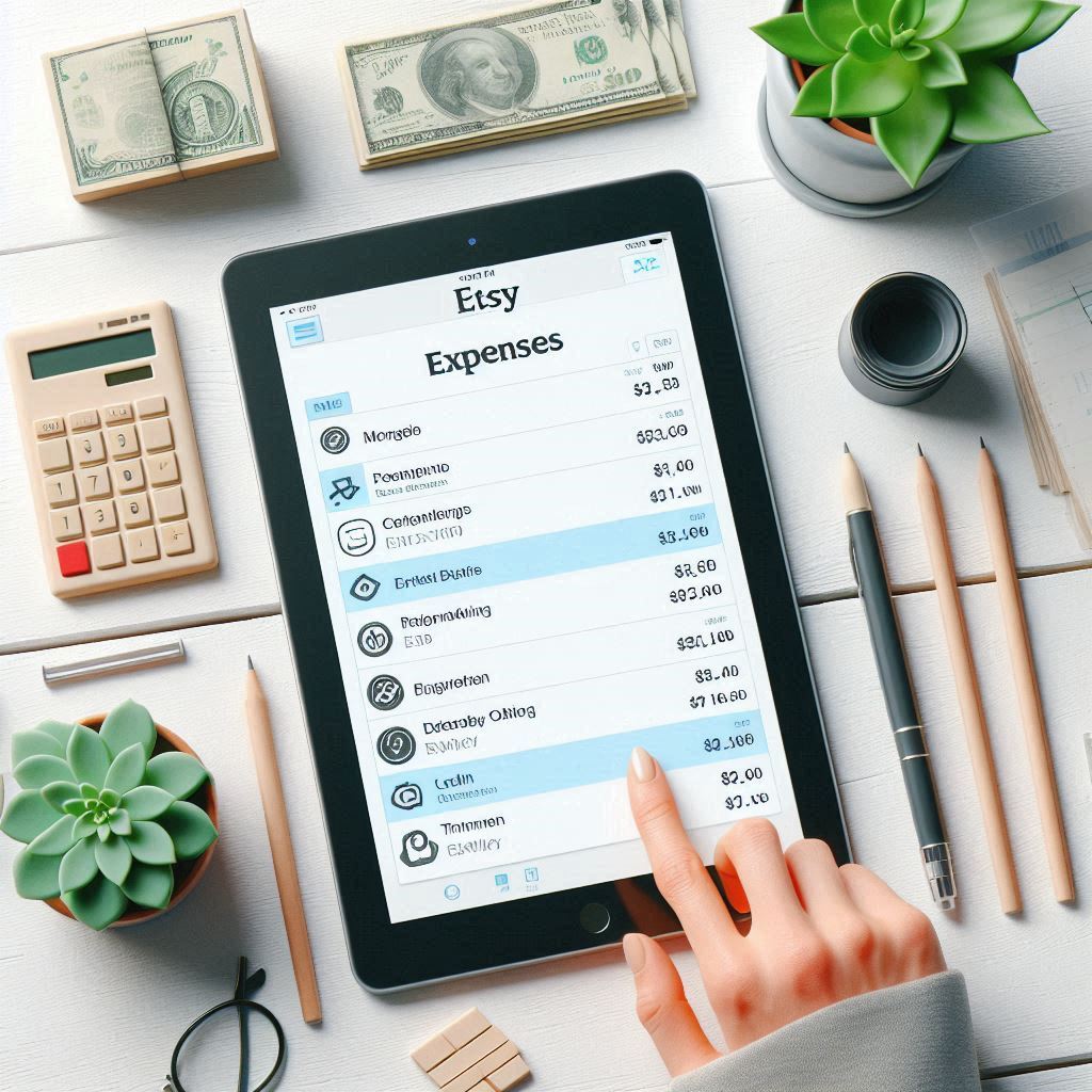 A clean and organized digital spreadsheet or accounting software interface demonstrating how to categorize and track Etsy expenses.