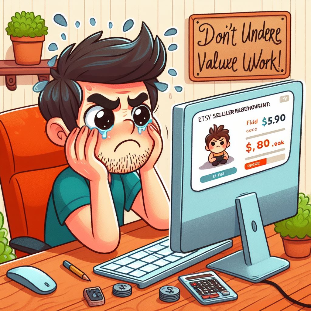 Etsy Seller frowning at their computer screen, frustrated with low sales and tight profit margins. Caption: "Don't undervalue your work!