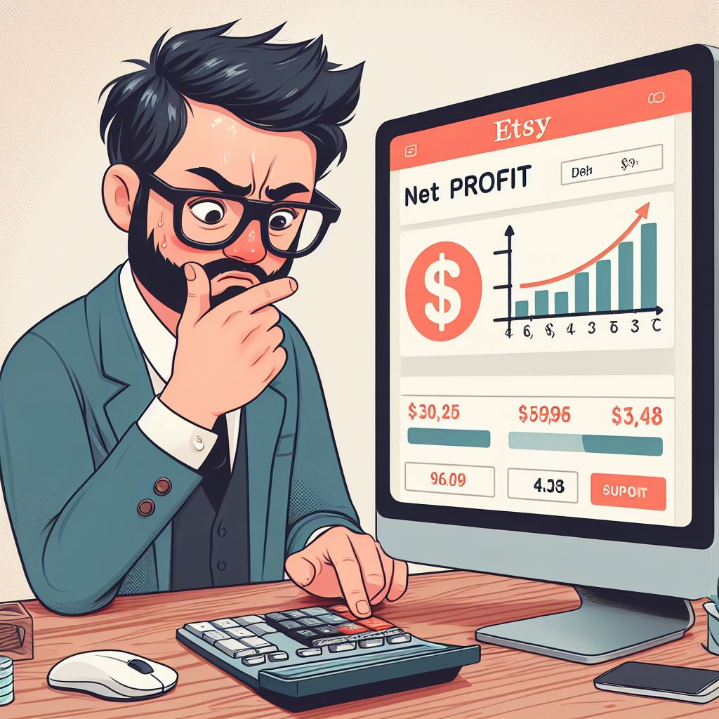 Etsy Seller looking perplexed at Etsy's "Net Profit" screen while using a separate profit calculator to determine their actual profit.