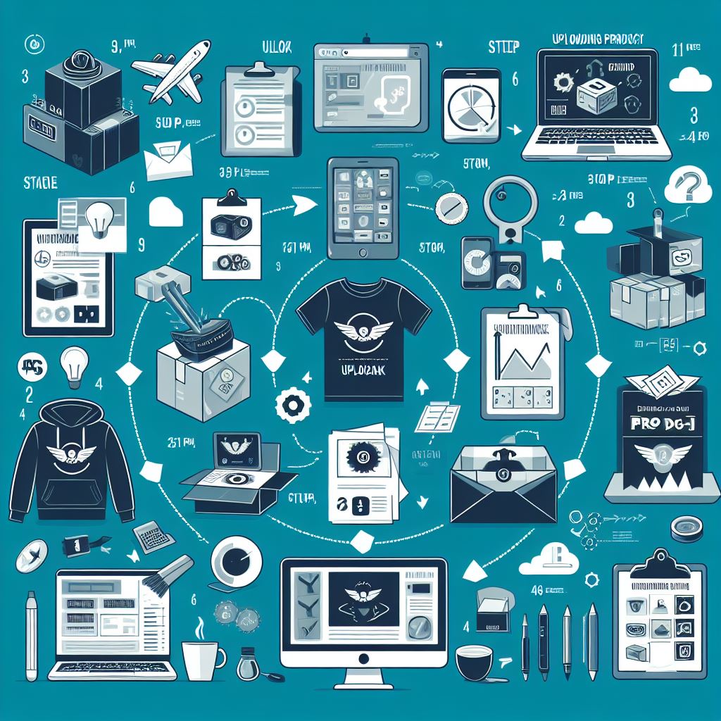 Infographic illustrating the process of designing, ordering, and fulfilling a product with Prodigi, including steps like uploading artwork, customizing products, setting prices, and managing orders.