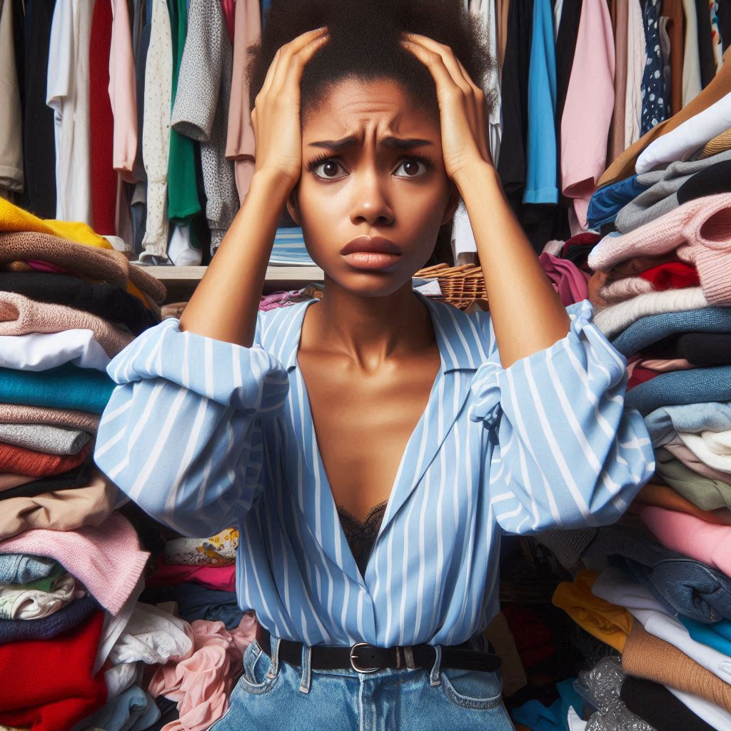 A photo of someone looking overwhelmed in front of a packed closet full of clothes.
