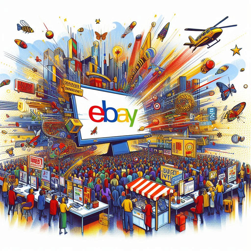 Visualize the Buzz: Craft a vibrant illustration depicting a bustling marketplace, with eBay logos and items popping out of the screen. Showcase the excitement and variety of products available on eBay, hinting at the potential for sellers to stand out amidst the crowd. Let the illustration speak volumes about the dynamism and opportunity present in optimizing eBay listings.