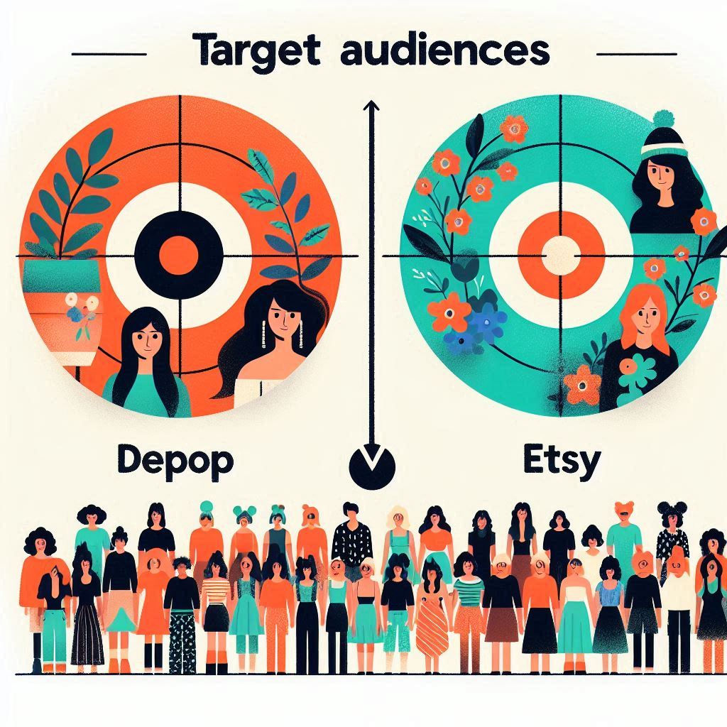 Graphic depicting two different target audiences: one young and trendy, representing Depop's audience, and one more general and diverse, representing Etsy's audience.