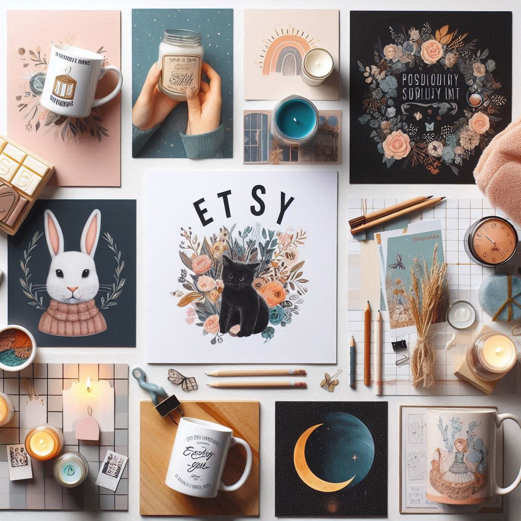 Mood board or collage showcasing popular Etsy items like personalized mugs, handmade candles, and printable art.