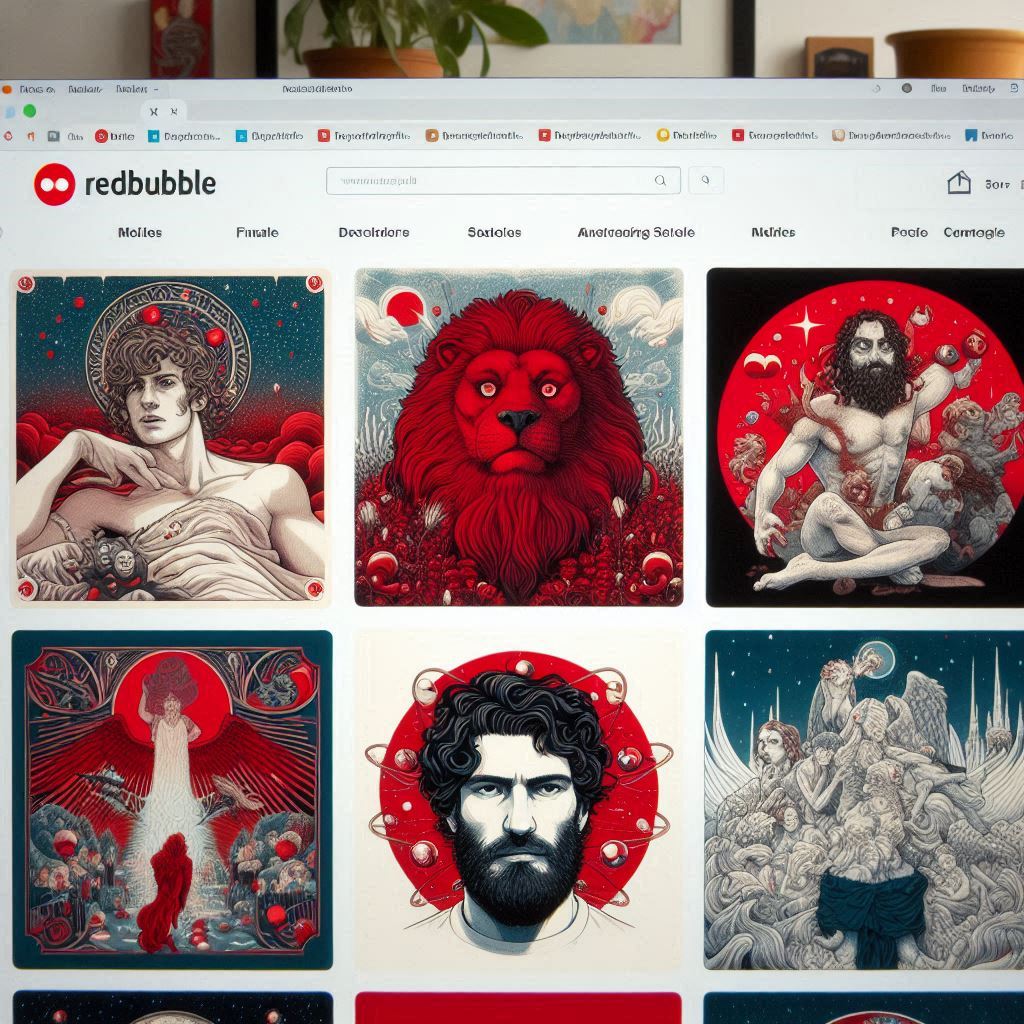 Screenshot of Redbubble's homepage showcasing various product categories and featured artists.