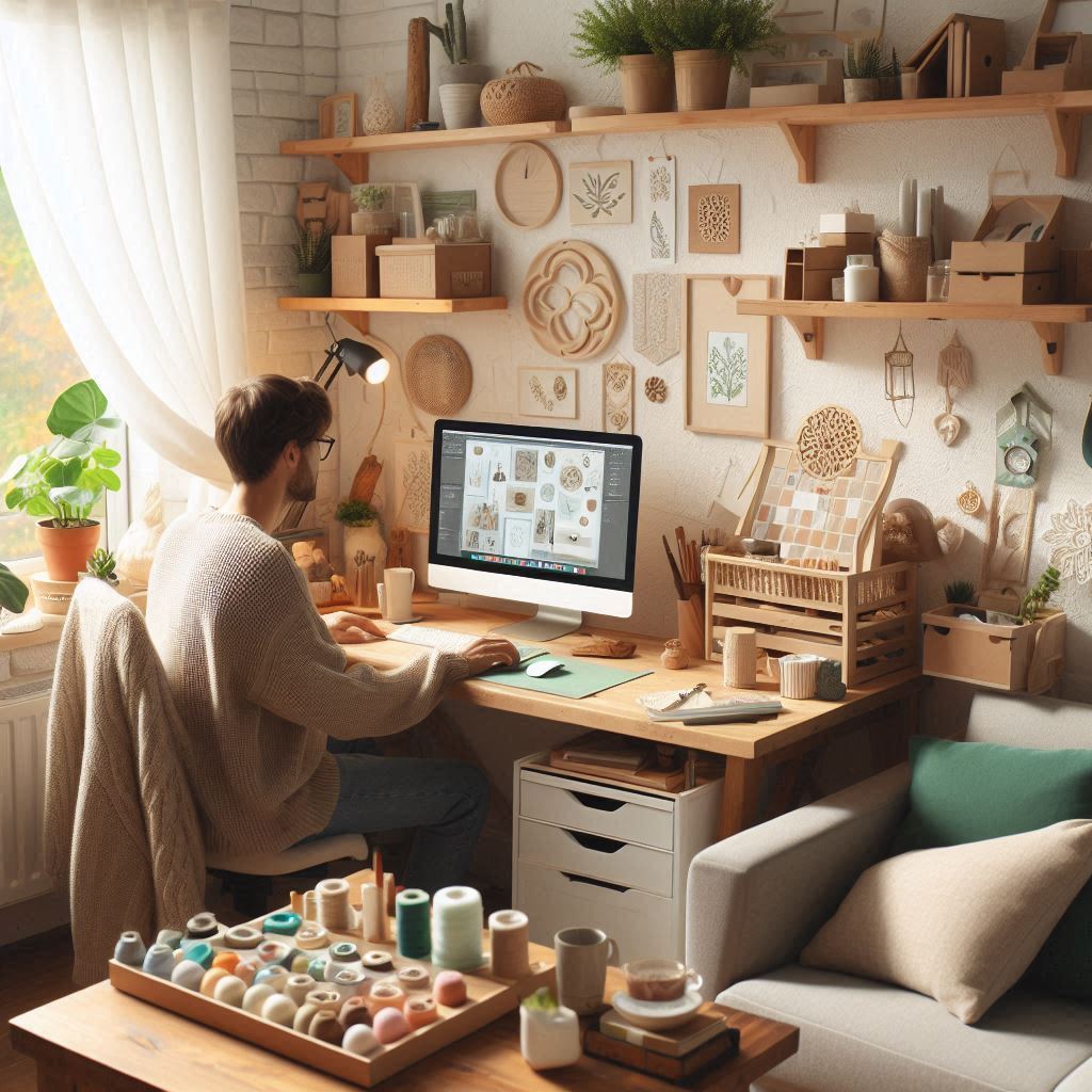 A photo depicting a cozy home office setup with someone creating products for their Etsy shop.