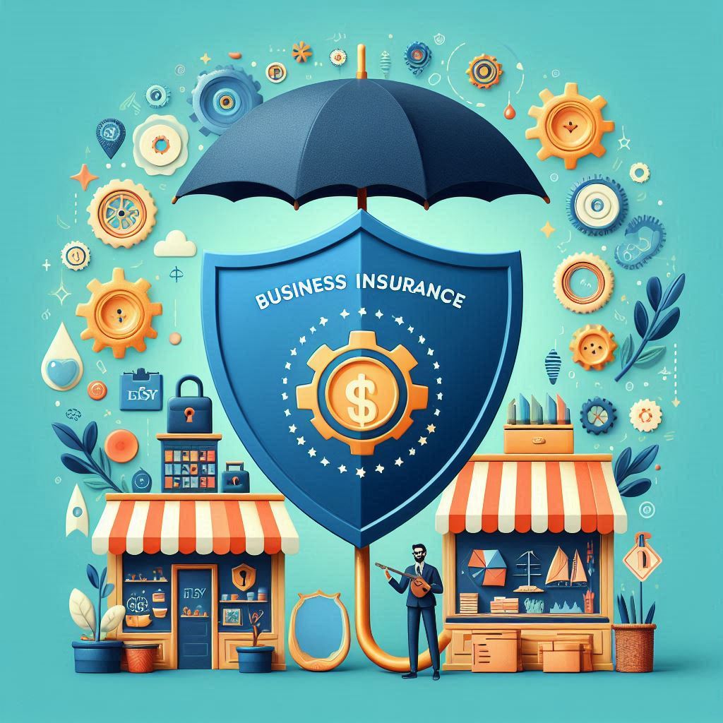 A visual representation of business insurance, such as a shield protecting an Etsy shop or an umbrella shielding a business owner from risk.