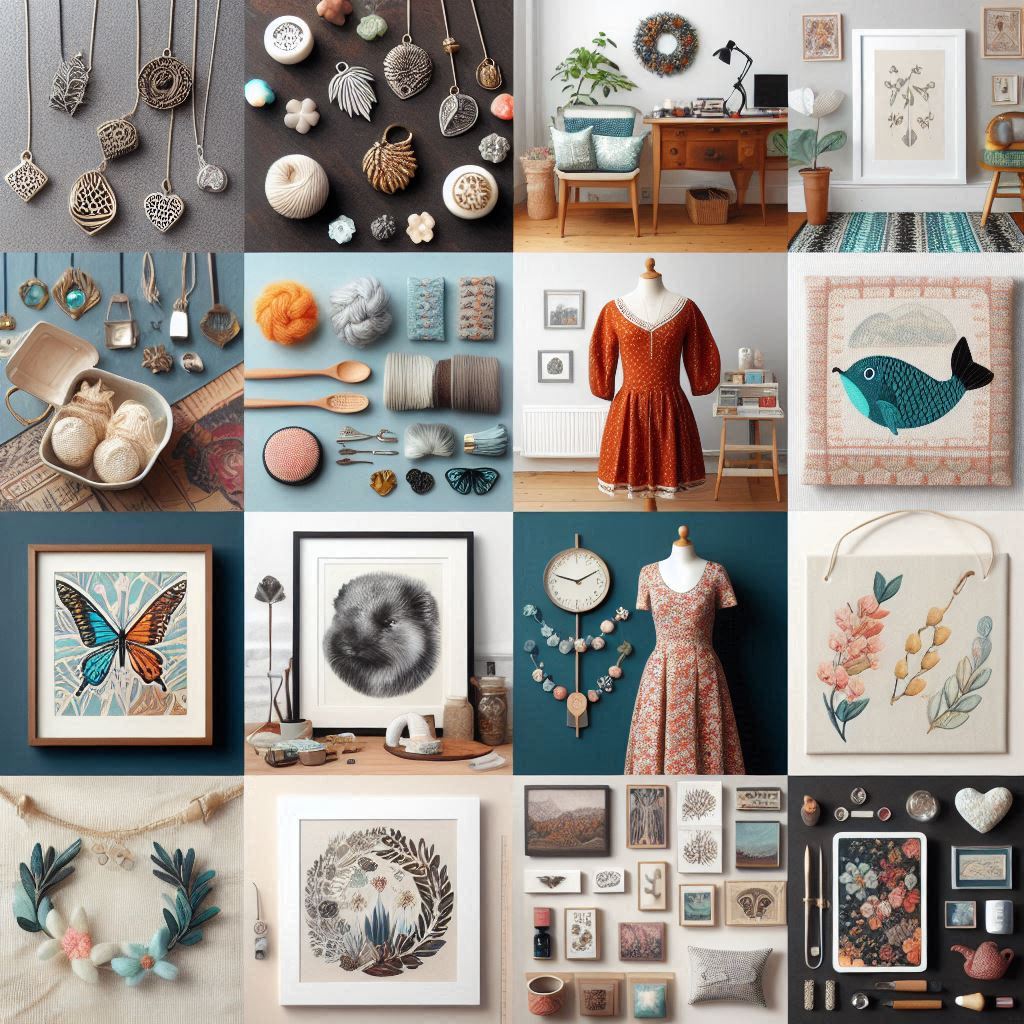 A collage or grid of images highlighting various product categories sold on Etsy, such as handmade jewelry, vintage clothing, art prints, and digital downloads.