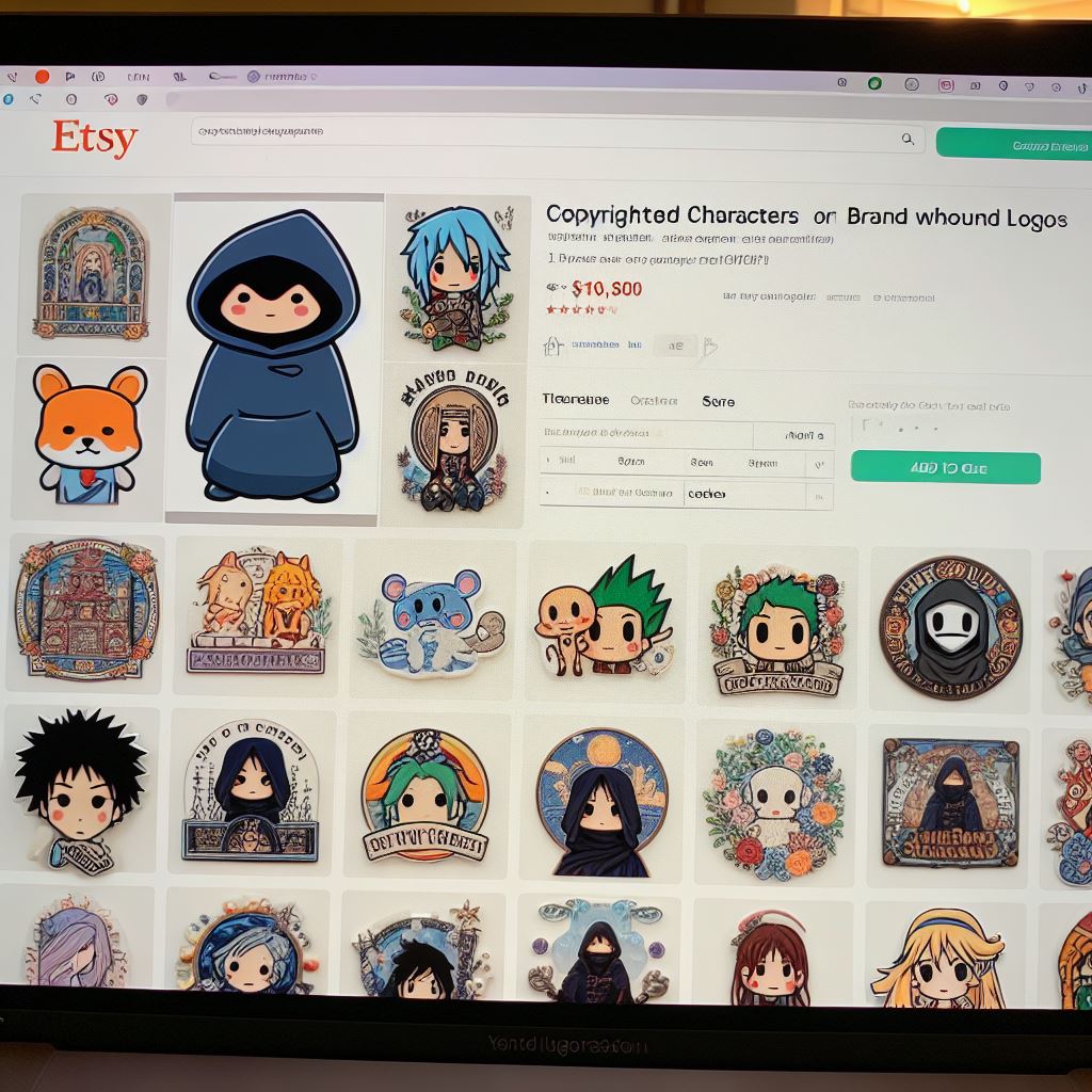 A screenshot of an Etsy listing showing a product that uses copyrighted characters or brand logos without authorization.