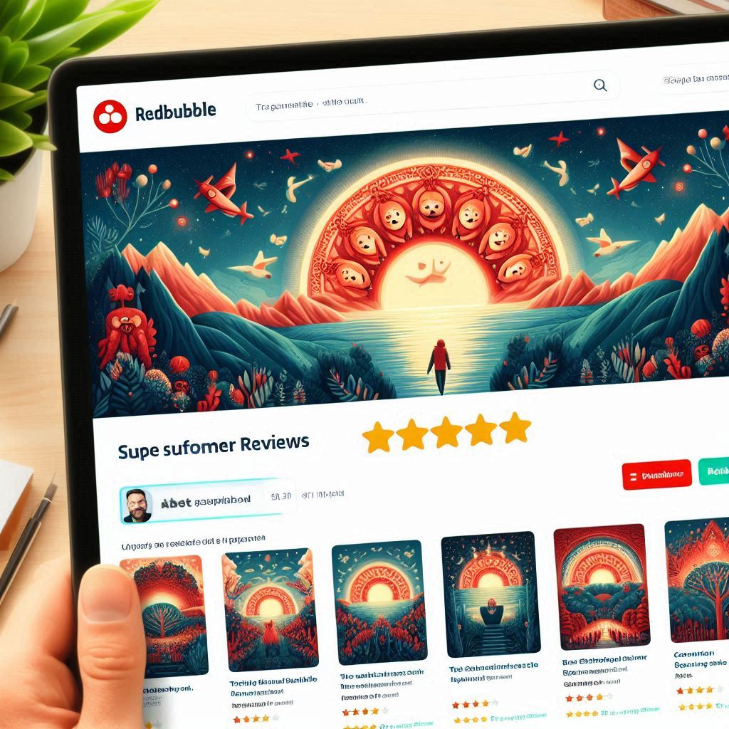 A screenshot of a Redbubble Trustpilot page showing positive customer reviews and an overall rating.