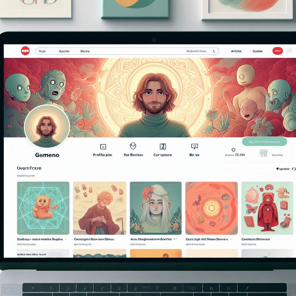 A screenshot showcasing a Redbubble artist's storefront, highlighting the profile picture, cover image, bio, and product listings.