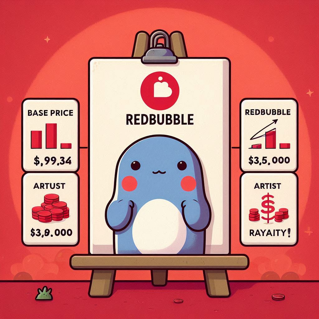 A chart or infographic illustrating Redbubble's pricing structure, showing the base price, artist markup, Redbubble commission, and artist royalty for a specific product.