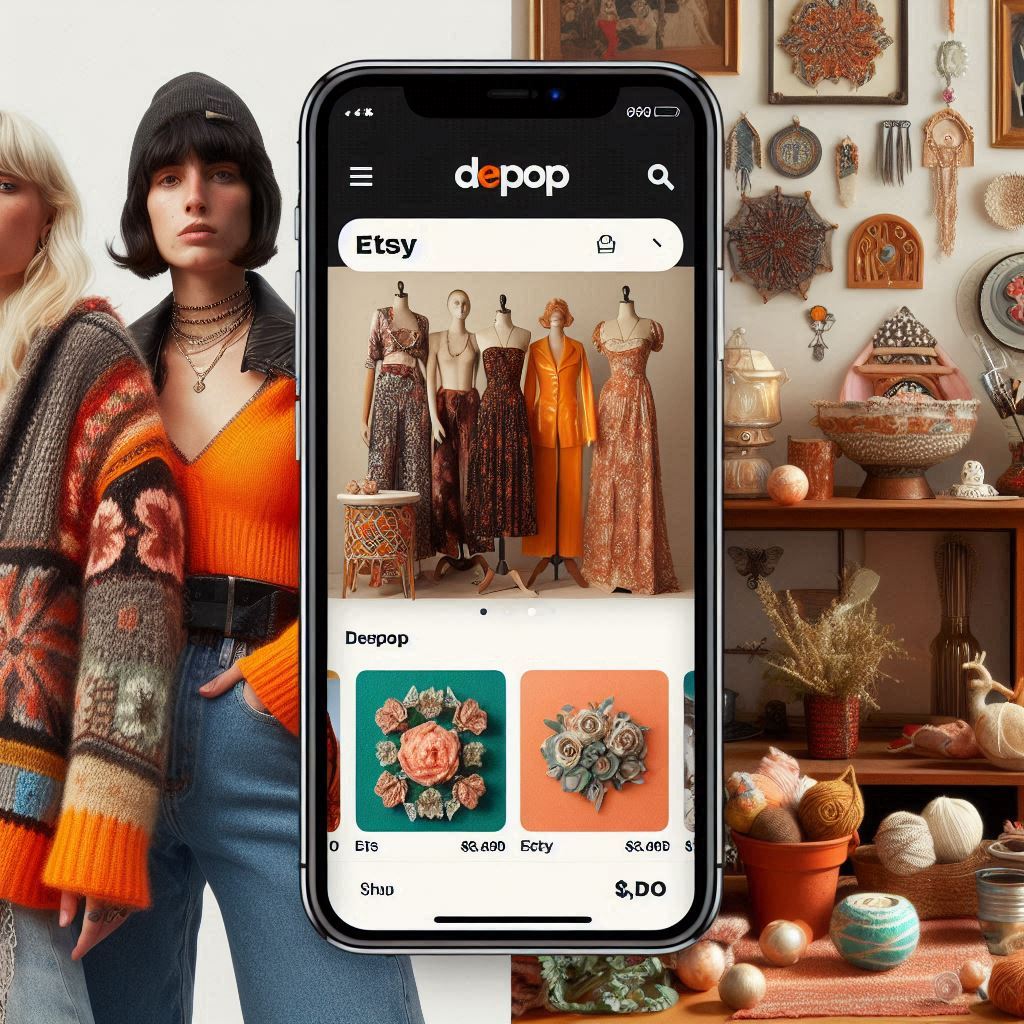 Split image showcasing Depop's trendy interface with models wearing vintage clothing on one side, and Etsy's more traditional marketplace showcasing handmade crafts and home décor on the other.