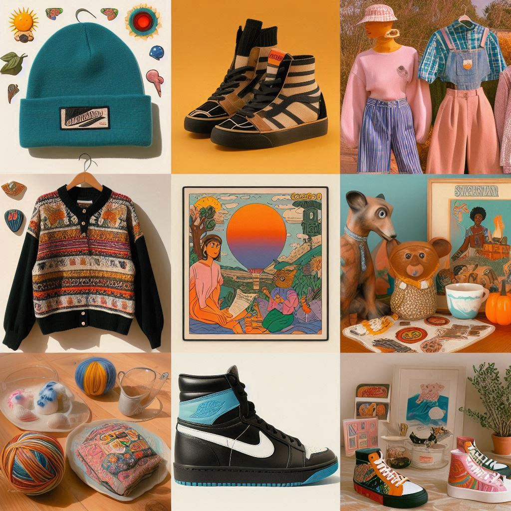 Collage featuring examples of Depop's product focus – vintage clothing, streetwear, accessories – and Etsy's wider range – handmade crafts, art, jewelry, digital downloads.